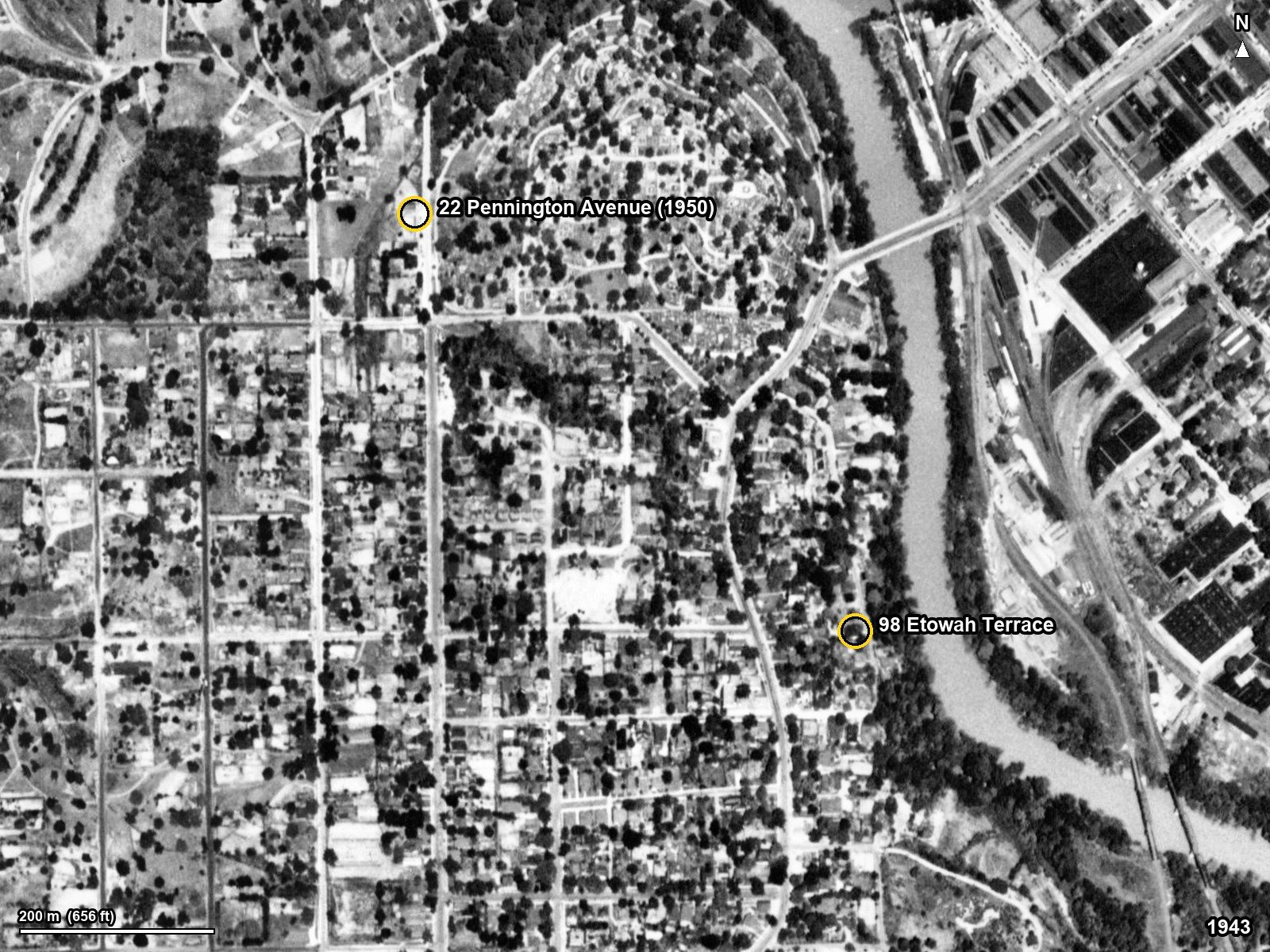 South Rome in 1942-43: a close grid of small houses between Pennington Avenue (left) and Etowah Terrace, on the bluff above the Etowah River