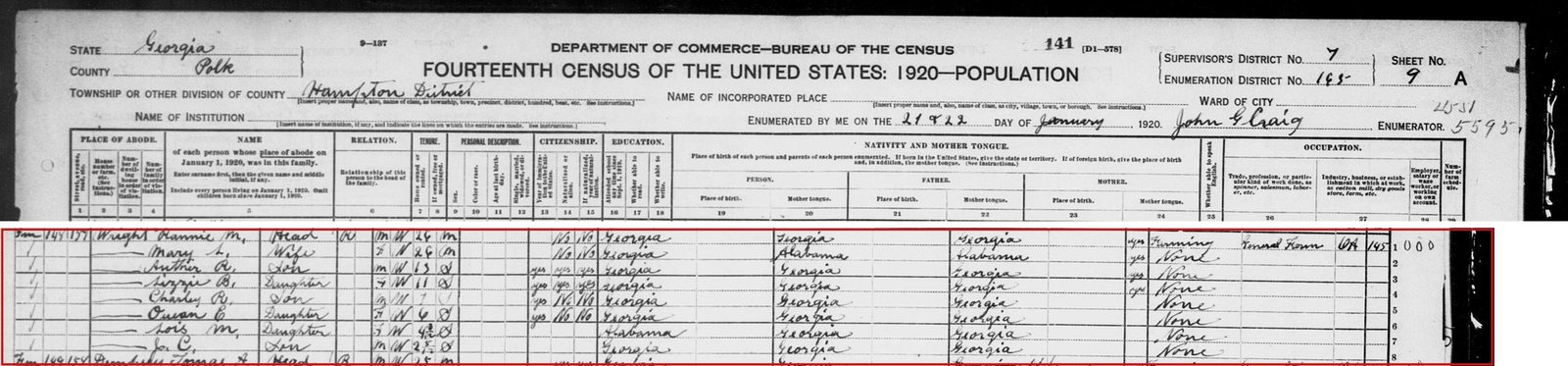 1920 census, Polk County: Rannie M