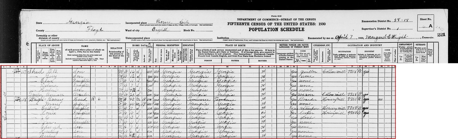 1930 census, Crane Street, Rome: Raney Wright, a boarder at the hosiery mill, with Mary and the younger children