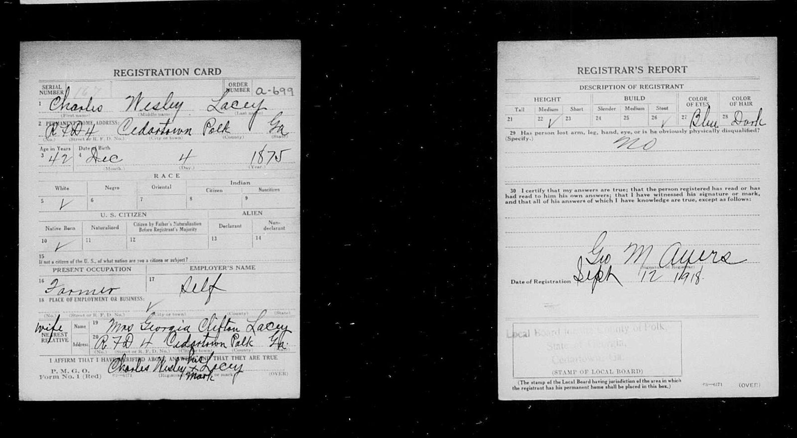 Charles Wesley Lacey's World War I draft card, 1918: born December 4, 1875, a farmer near Cedartown, nearest relative "Mrs