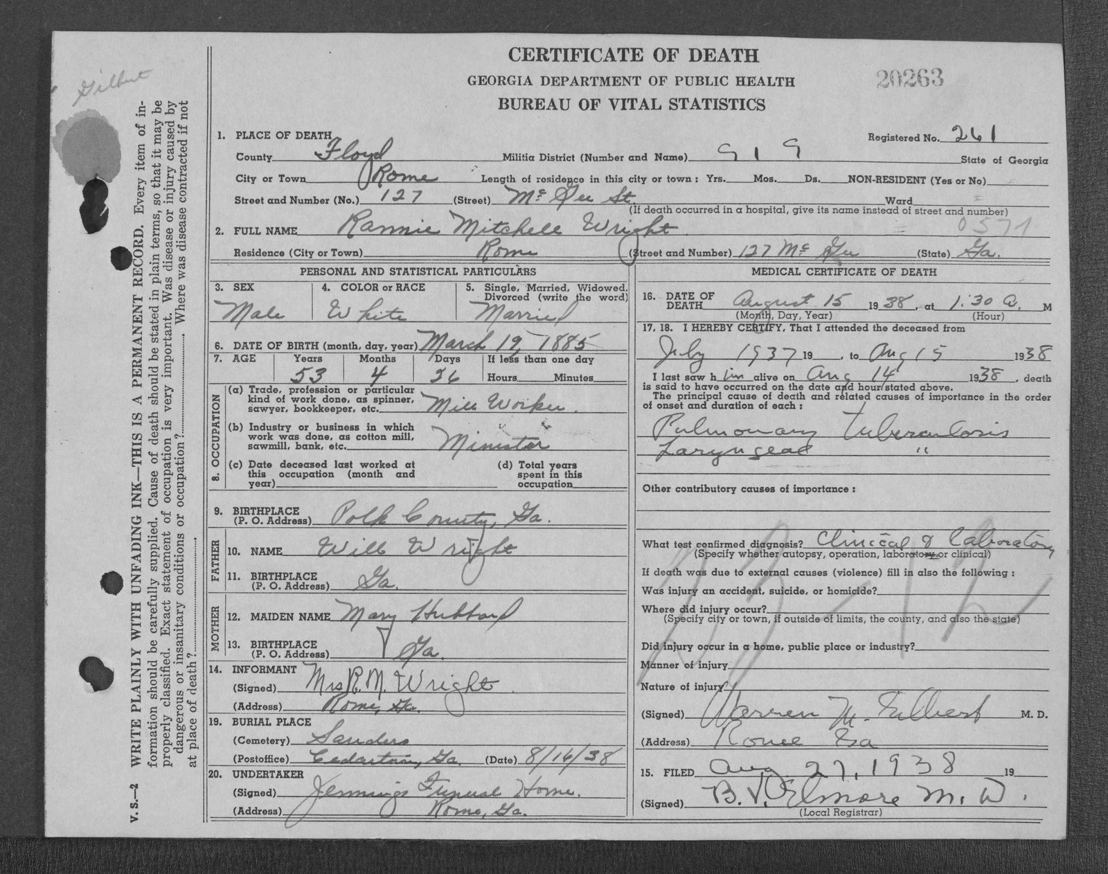 Rannie Mitchell Wright's death certificate: died August 15, 1938, at 127 McGee Street, Rome, of tuberculosis