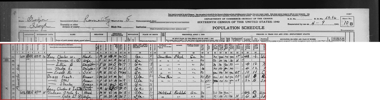 1940 census, 600 Pennington Avenue, South Rome: Maude's parents Charles W