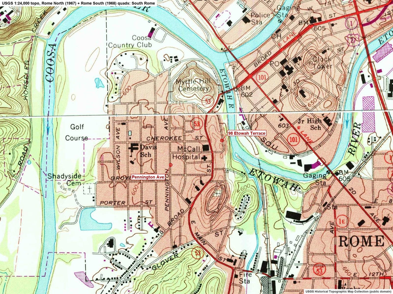 Government map of South Rome, 1967-68, with 98 Etowah Terrace and Pennington Avenue marked